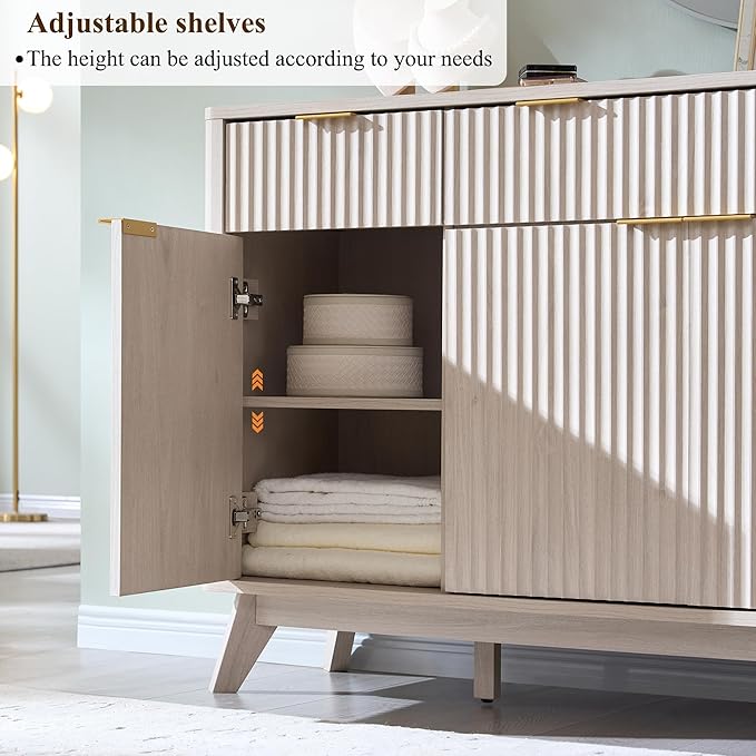 OKD Fluted Storage Cabinet with Drawers, 60" Morden Buffet Sideboard Coffee Bar Cabinet with 4 Doors and 3 Drawers for Dining Room, Living Room,Hallway (White Alder)