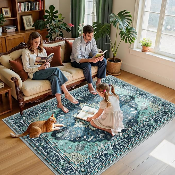 Area Rugs 5'x7' Washable Non-Slip, Floral Vintage Distress Print Pattern Medallion Carpet for Living Room Bedroom Dining Room, Teal Green Lake Blue Turquoise
