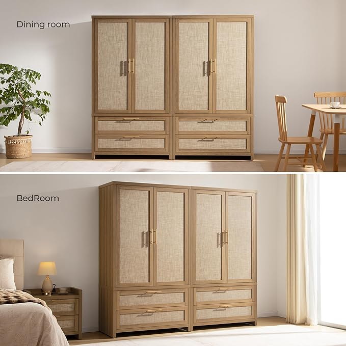 SICOTAS Larger Armoire Wardrobe Closet, 71" Tall Rattan Freestanding Wardrobe Closet Cabinet with Storage and 2 Drawers, Boho Armoire Clothes Organizer with Hanging Rod for Bedroom, Oak (2 Pieces)