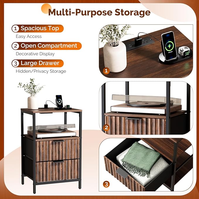 VINGLI Nightstands Set of 2, Walnut Nightstand with Charging Station, Night Stands Fluted with 2 Drawers Fabric, Bedside Tables/End Tables with Charger Station, Side Table Bedroom, Small Night Stand
