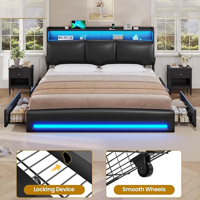 VIAGDO King Bed Frame with Storage Headboard and Charging Station, Leather Upholstered Bed Frame King Size with 4 Drawers and LED Lights, Type C and USB, No Box Spring Needed, Black