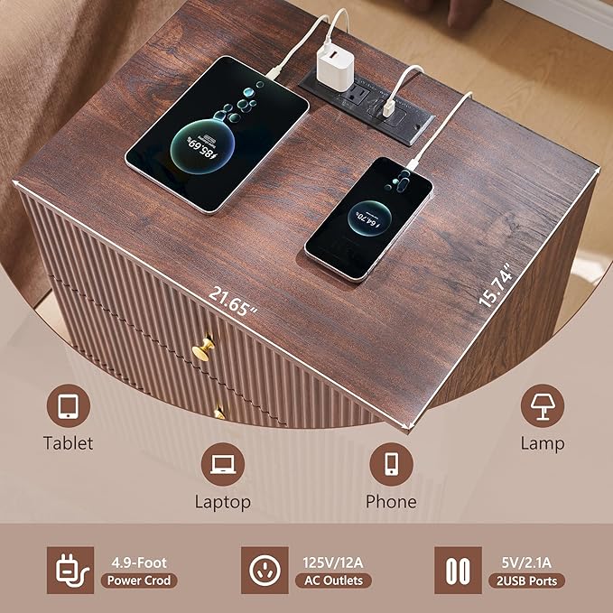 Fluted Night Stand with Charging Station, 21.65" Nightstand with 3 Drawer, 3 Drawer Dresser for Bedroom, Morden End Table Chests of Drawers Bedside Table for Bedroom, Living Room,Brown