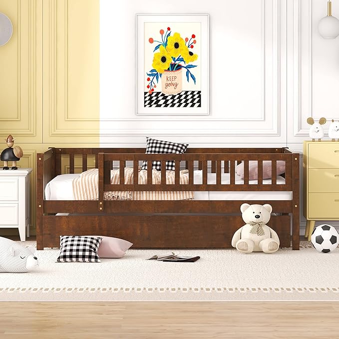 Bellemave Twin Bed Frames with Rails for Kids, Twin daybed Frame with Trundle for Boys/Girls/Adults， Walnut