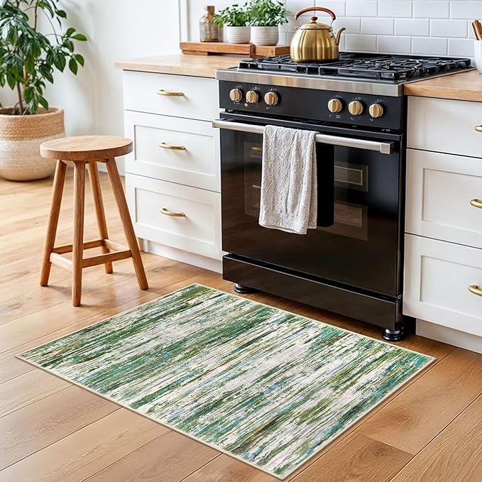 2x3 Modern Abstract Rug for Entryway, Green Grey Multi Super Soft Small Washable Area Rug, Non-Slip Kitchen Rugs, Low-Pile Mat for Bedside, Foyer, Indoor Door Mat