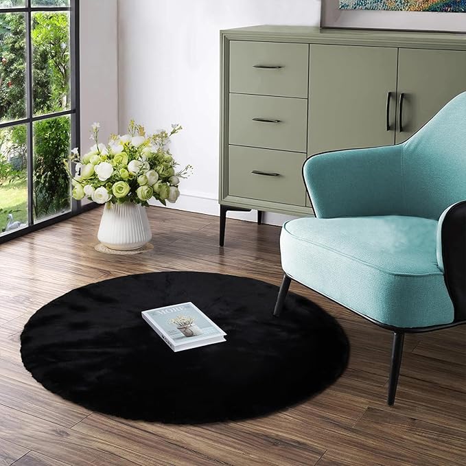 Latepis Black Round Rug 3ft Fluffy Faux Rabbit Fur Furry Shag Rug Washable Circle Plush Cute Rugs for Living Room, Dorm, Nursery, Kids Room Cute Rugs for Bedroom