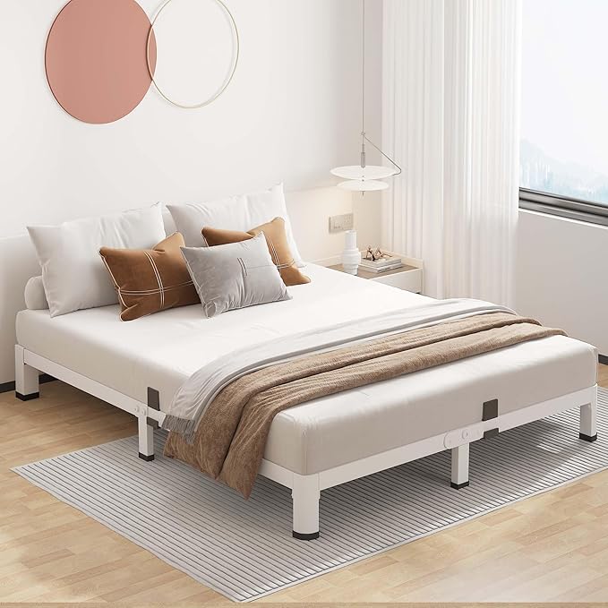 ROIL 4 Inch White Queen Bed Frame with Rounded Corner and Mattress Retainers, 3500LBS Heavy Duty Steel Slats No Box Spring Needed Platform Noise-Free Easy Assembly