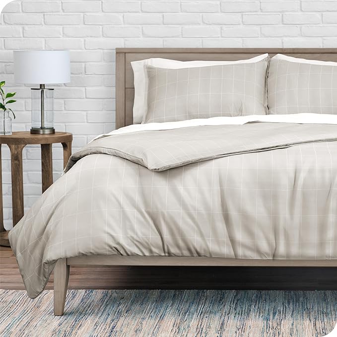 Bare Home Duvet Cover - Queen Size Bedding Set - Premium 1800 Super Soft Collection - Lightweight, Cooling - Soft Breathable Duvet Cover (Queen, Grid – Stone/White)