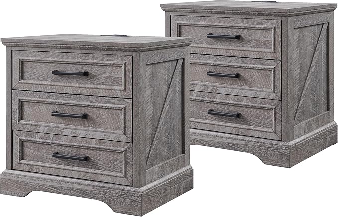 ACCOHOHO Farmhouse Nightstands Set of 2, 22 Inch Wide End Table with Charging Station & 3 Large Drawers, Rustic Wood Small Dresser Chest of Drawers for Bedroom, Living Room, Grey