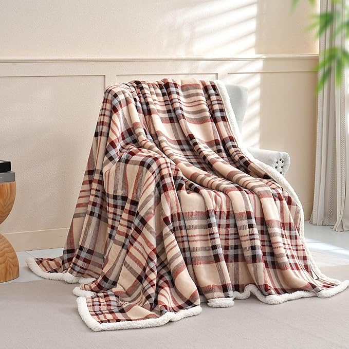 Sherpa Blanket Throw Blanket for Couch Sherpa Fleece Blanket Fluffy Checkered Soft Blanket for All Season Use Cozy Thick Warm Big Throws (Beige-Plaid, 80"*90")