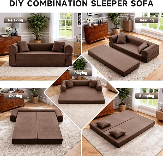 78.5" Convertible Sleeper Sofa Bed, Faux Leather Folding Floor Sofa with Pullout Bed&2 Pillows, No Assembly Modern Boneless Couch Compression Sofa in Box with Storage Pocket for Living Room, Brown