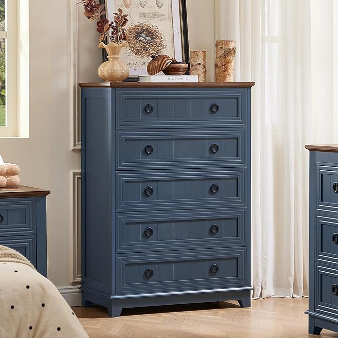 Farmhouse Chest of Drawers with Storage, 42" Tall Dresser for Bedroom, 5 Drawer Navy Blue Dresser with Metal Handle, Organizer Closet for Living Room, Hallway, Entryway
