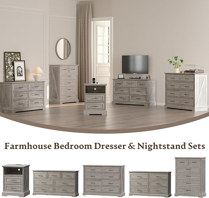 Farmhouse 6 Drawers Dresser for Bedroom, 43" Tall Wood Chest of Drawers with Deep Drawers & Bar Handles, Modern Dresser TV Stand, Rustic Wooden Closet Storage Organizer for Living Room, Hallway, Grey