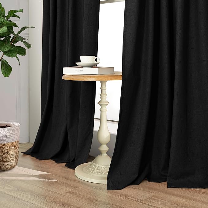 Pitalk Black Curtains for Bedroom 90 Inches Long Sound Proof Modern Window Drapes Light Blocking Floor to Ceiling Rod Pocket Linen Back Tab Curtains Blackout Dining Room Office 52x90 Length 2 Panels