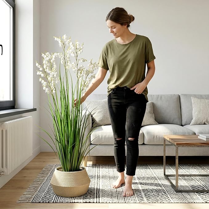 Artificial Tall Grass Plants with Pots 47“ 1 Pack Lily of The Valley Artificial Grass Home Interior Decorating and Outdoor Garden Decorations（White）