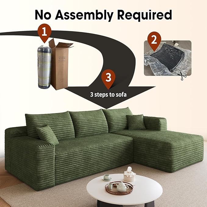 96" Sectional Couches for Living Room Modern Modular Sofa with L-Shape Couchs Upholstered Boneless Couch Deep Seat Sectional Couch with Chaise (Green, 96" Right Facing Chaise+2Seaters)
