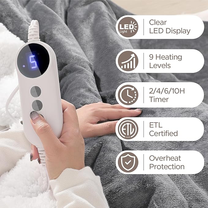 Electric Heated Blanket Throw 50"x60" - Soft Cozy Flannel & Sherpa Fabric Dual-Sided, 9 Heat Settings & 2-10 Hours Auto Off, Warming Heated Throw for Home Office, Machine Washable, Light Gray