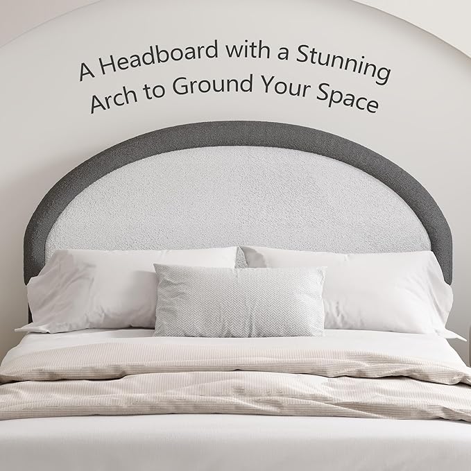 Queen Bed Frame, Boucle Upholstered Platform Bed Frame with Headboard, Grey Bed Frame, Soft Rounded Corners, No Box Spring Required, Easy Assembly