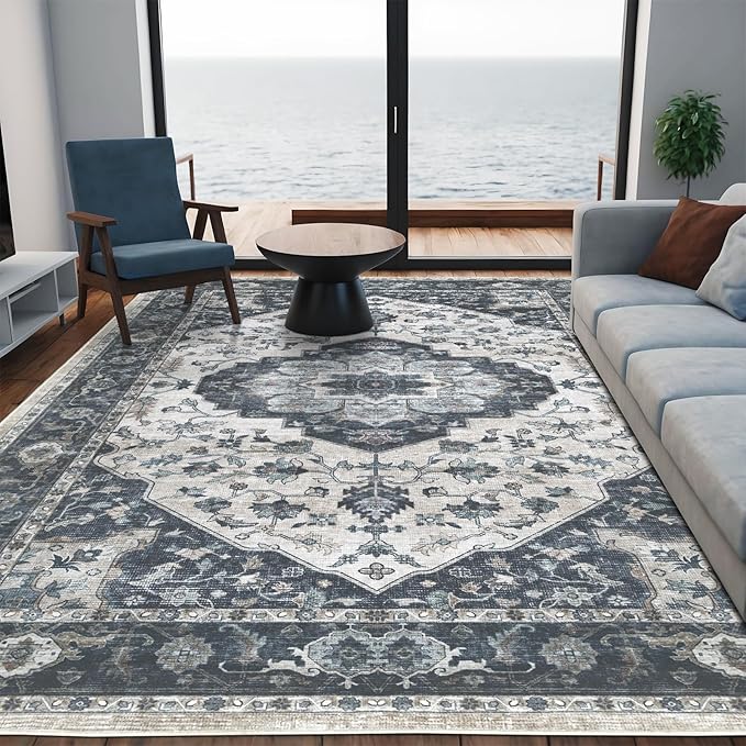 3x5 Vintage Washable Area Rug for Living Room,Low Pile Non Slip Carpet Non-Shedding Small Area Rug Soft Indoor Stain Resistant Rug Floral Print Mat for Bedroom Dining Room Blue Beige