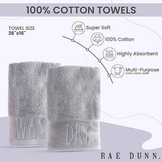 Rae Dunn Hand Towels, Embroidered Decorative Hand Towel for Kitchen and Bathroom, 100% Cotton, Wash/Dry, 16"x 28"