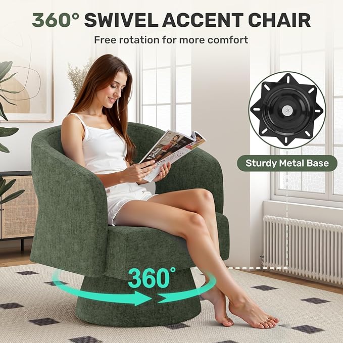 Swivel Accent Chair Set of 2, Modern Comfy Chenille Barrel Chairs, Oversized Upholstered Round Arm Chair for Living Room, Bedroom, Reading Room, Green