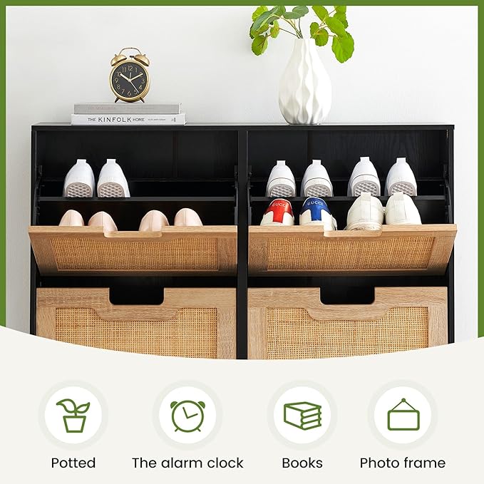IDEALHOUSE Natural Rattan 4 Flip Door Shoe Cabinet Organizer Freestanding, Modern Shoe Rack Storage Organizer with 3-Tier Adjustable Shelves for Entryway, Closet, Hallway
