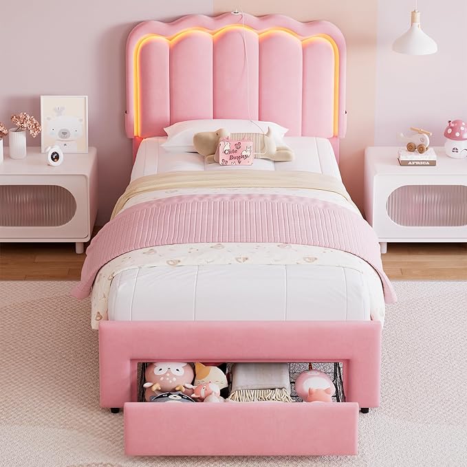 Velvet Upholstered Twin LED Bed Frame with Storage Drawer and Adjustable Chic Double Wavy Headboard, Princess Platform Bed for Girls/Kids, Solid Wood Slats Support, No Box Spring Needed, Pink