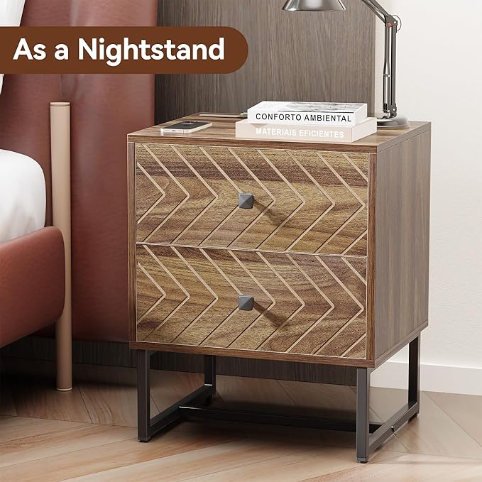 Modern Nightstand Set of 2,Morden Night Stand with 2 Drawers,End Tables with Storage,Bedside Tables for Bedroom,Walnut