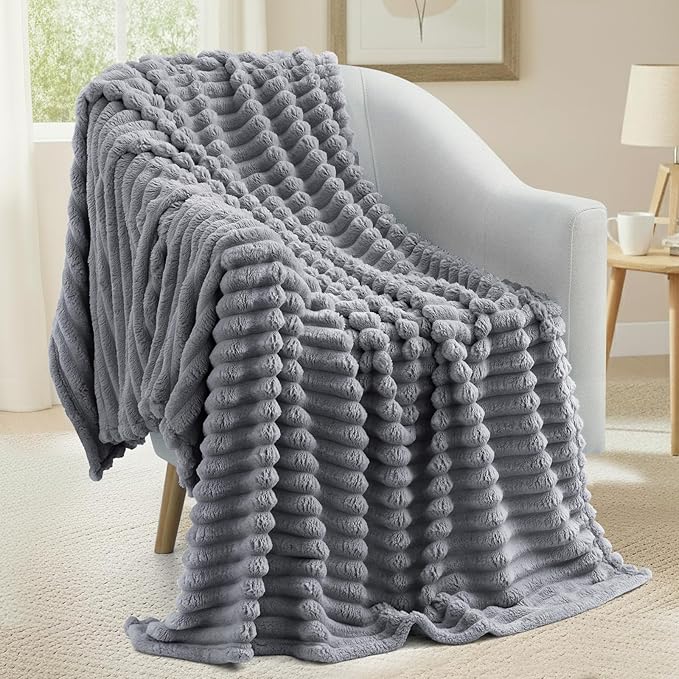 decorUhome Christmas Soft Fleece Grey Blanket Queen Size for Bed, Cozy Fluffy Plush Flannel Large Striped Throws for Couch Sofa, Lightweight Decorative Fuzzy Blanket for Woman, 90x90 Inches