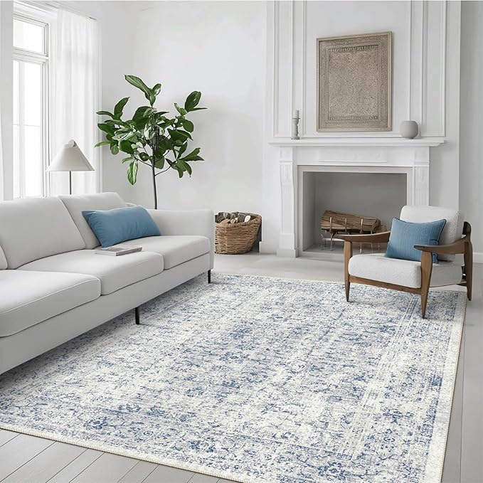 8x10 Area Rugs for Living Room, Non-Slip Backing Washable Rug 8x10, Blue Large Area Rug Soft Carpet for Bedroom Dining Room, Vintage Floral, Easy Clean, Durable, Low Pile Rug Under Table