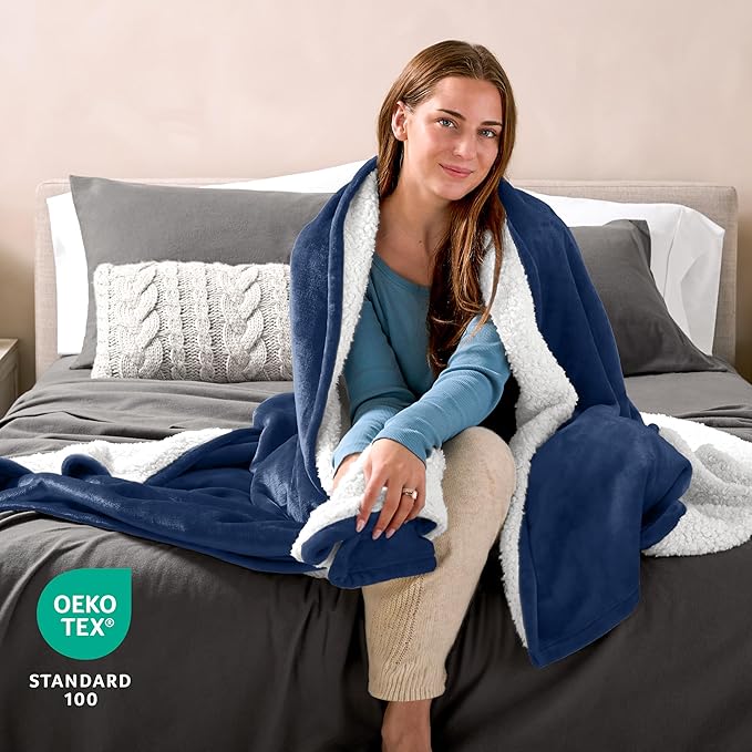 Bare Home Sherpa Fleece Blanket - Full/Queen Size - Blanket for Bed, Sofa, and Couch - Warm & Lightweight - Fluffy & Soft - Reversible (Full/Queen, Dark Blue)