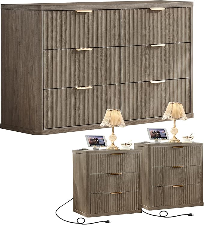 LEYAOYAO Fluted Dresser and 3 Drawers Nightstand Set of 2, Wood 48" Wide Dresser & 23" Night Stand with Charging Station, 3 Piece Bedroom Furniture Set, Chest of Drawers for Home,Living Room,Grey