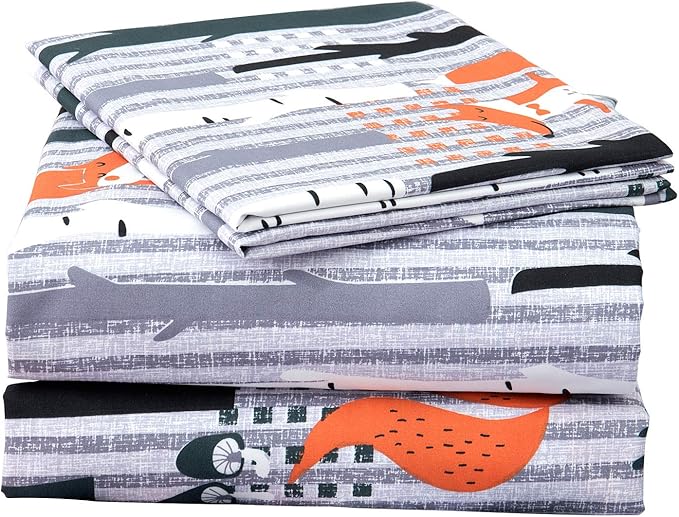 JSD Woodland Animals Kids Printed Sheets Set Twin, 3 Piece Soft Fox Microfiber Bed Sheets Deep Pocket