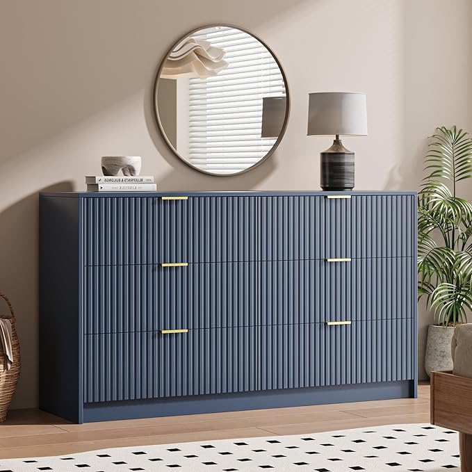 6 Drawer Dresser for Bedroom, 55" Wide Modern Chest of Drawers with Gold Metal Handles, Fluted Wood TV Stand for Living Room, Hallway(Navy Blue)