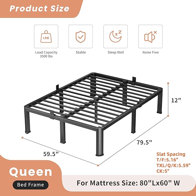 12 Inch Queen Heavy Duty 3500 lbs Bed Frame with Round-Corner Legs & Anti-Squeak Design – Quick Assembly Metal Platform, No Box Spring Needed