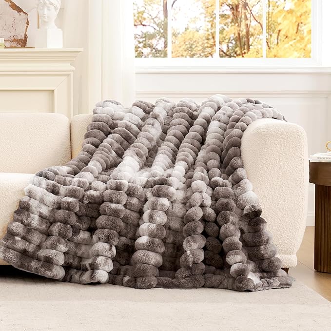 Cozy Bliss Faux Fur Throw Blanket for Couch, Cozy Warm Plush Striped Blanket for Sofa Bedroom Living Room, 50 * 60 Inches Tie-dye Grey