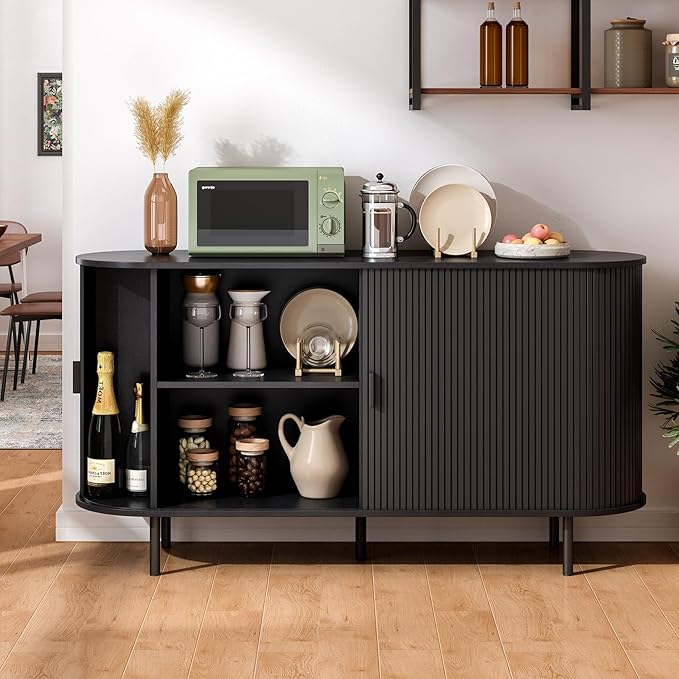 ONBRILL 55" Sideboard Buffet Cabinet with Storage, Storage Cabinet with Sliding Door & Adjustable Shelf, Modern Accent Coffee Bar Cabinet Console Table for Kitchen, Entryway, Black