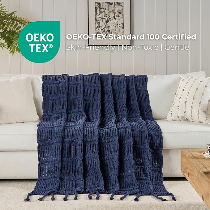 Boho Knitted Chenille Blanket with Tassels - Lightweight & Soft All-Season Throw - 3D Classic Pattern for Living Room Bedroom Couch, Royal Blue, Throw 50"x60"