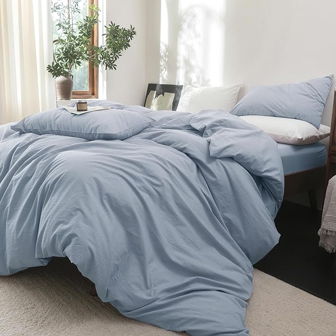 FOSSA Duvet Cover Set 100% Washed Cotton Linen Feel Super Soft Breathable Cozy 3 Pieces Bedding Sets Solid Sky Blue King