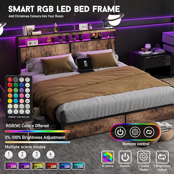 King Size Bed Frame with 4 Storage Drawers and Headboard with Charging Station and LED Lights,2 Tier Solid Wood Headboard Storage,Noise Free,Easy Assembly, Vintage Brown