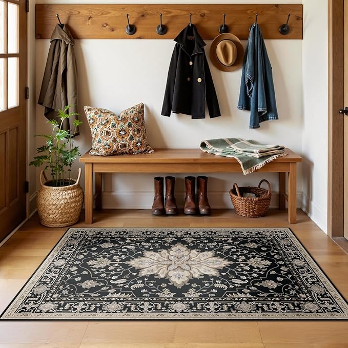 Area Rugs 3'x5' Washable Non-Slip, Floral Vintage Distress Print Pattern Medallion Carpet for Living Room Bedroom Dining Room, Black Brown Neutral Dark Tan