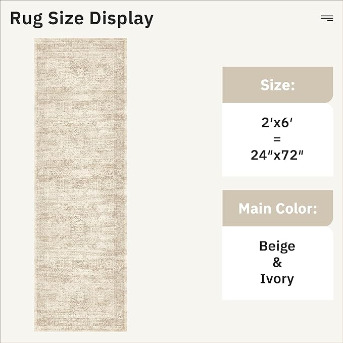 Runner Rug 2'x6' Washable Non-Slip Runner Rugs for Kitchen Bathroom Laundry Room Beige Vintage Floor Carpet Runners for Hallway Entryway