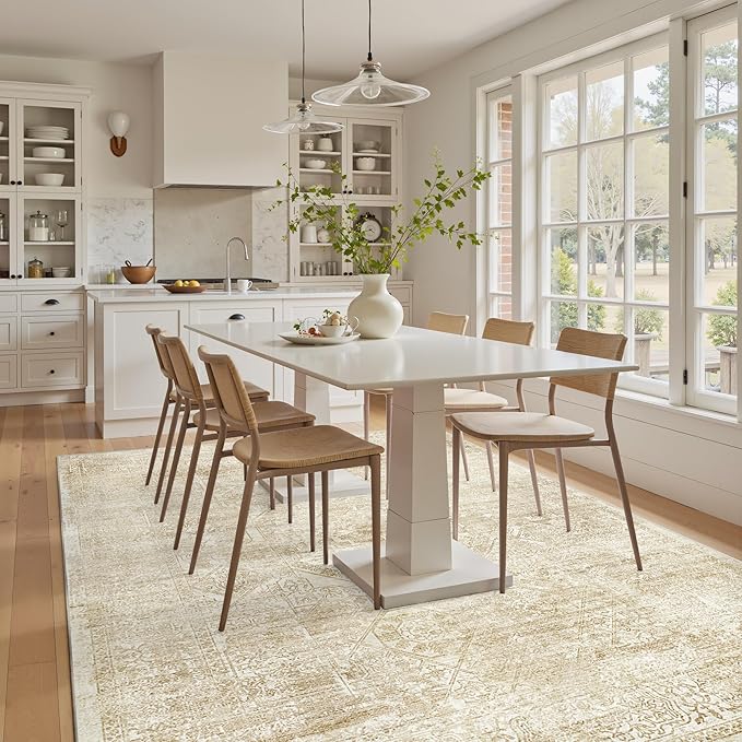 5x7 Area Rugs Beige Low Pile Indoor Washable Trendy Faded Style Floral Rugs for Bedroom Living Room Dining Room Foldable Non-Slip Thin Print Mat