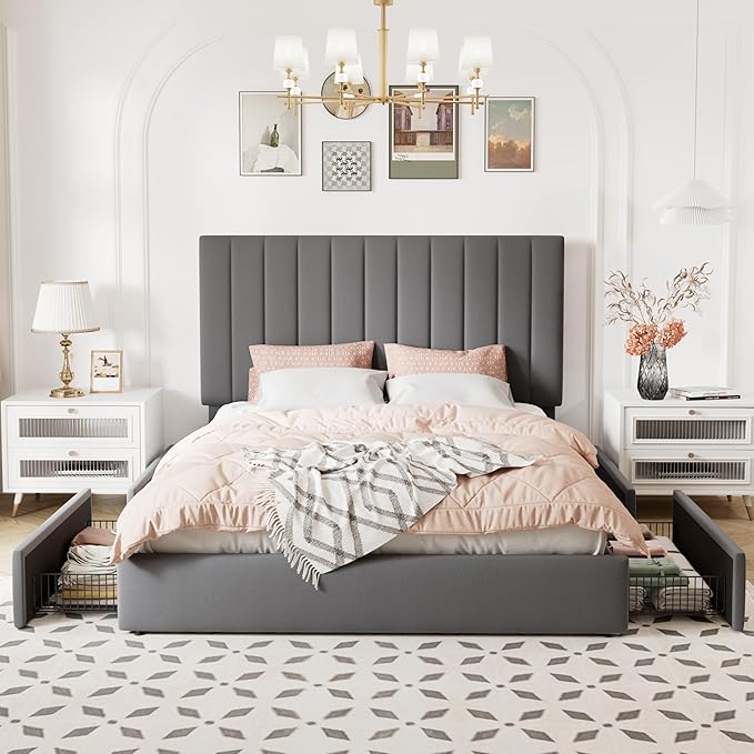 Allewie Queen Size Storage Bed Frame, Vertical Channel Tufted Adjustable Headboard, Velvet Upholstered Platform Bed with 4 Oversized Underbed Drawers, Wooden Slats Support, No Box Spring Needed, Grey