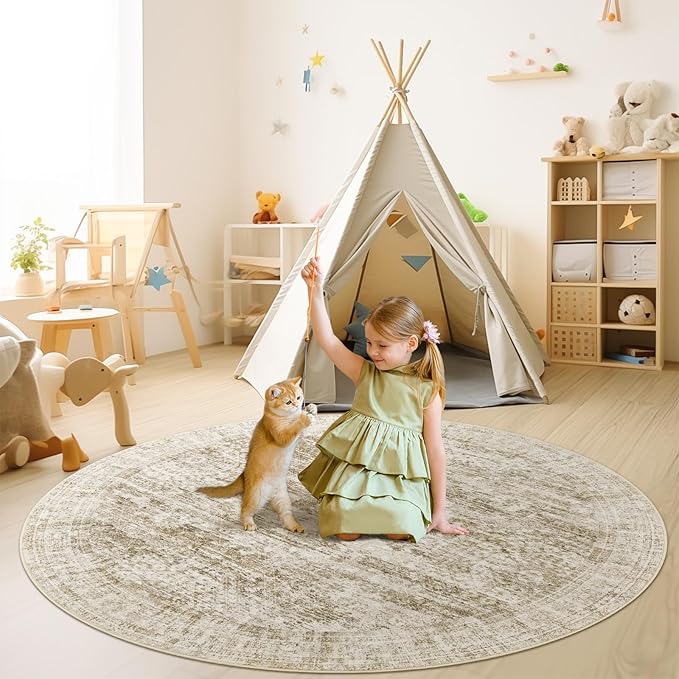 6x6 Brown Round Rug 6ft Living Room Circle Rug Vintage Round Area Rug Non Slip Indoor Carpet for Dining Room Bedroom