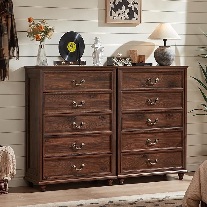 Farmhouse 5 Drawer Dresser for Bedroom, 45" Tall Rustic Chests of Drawers w/ 4 Solid Wood Feet, Mid Century Modern Wooden Closet Storage Dressers Organizer for Living Room, Hallway, Brown