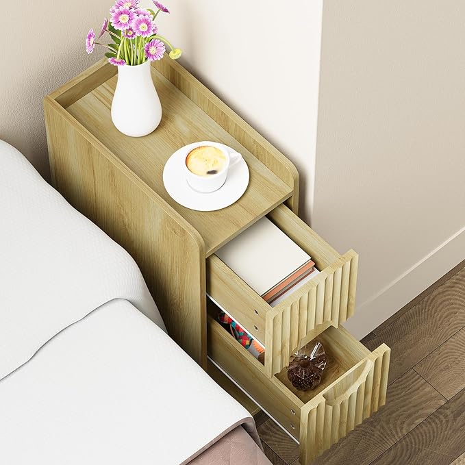 Narrow Nightstand Set of 2, Wood 2 Drawer Narrow Nightstand, Skinny Night Stand with Open Storage, Mid Century Modern Slim Bedside Table for Bedroom, Natural Oak