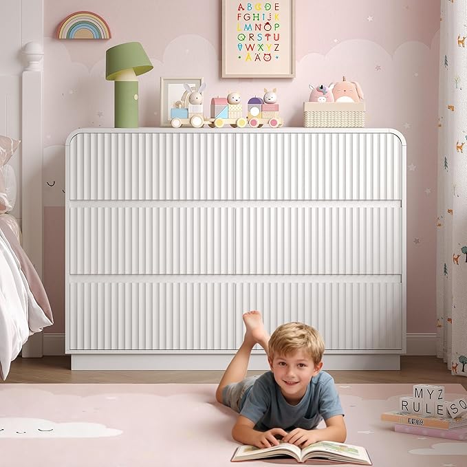 Dresser for Bedroom with 6 Drawers, Fluted Chest of Drawers with Round Curved Corner, Hidden Handles, Modern Wood Storage Organizer for Bedroom, Nursery, Living Room