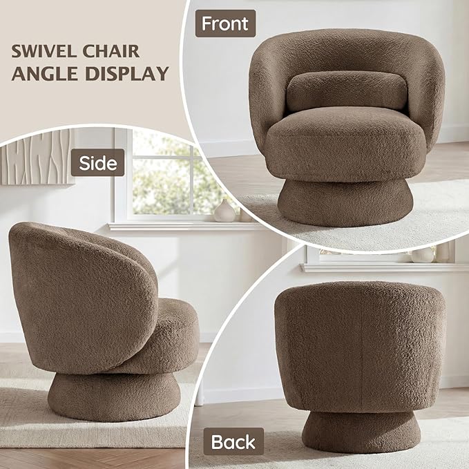 Swivel Accent Chair, Modern 360 Degree Swivel Barrel Chair with Arms & Curved Back and Lumbar Support Cushion, Comfy Round Single Boucle Sofa for Small Space, Living Room, Bedroom, Brown