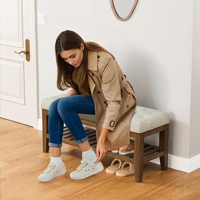 End of Bed Storage Bench, 42.9" Entryway Shoe Bench with Solid Wood Shelf, Upholstered Ottoman with Padded Seat for Bedroom, Hallway and Living Room, Beige