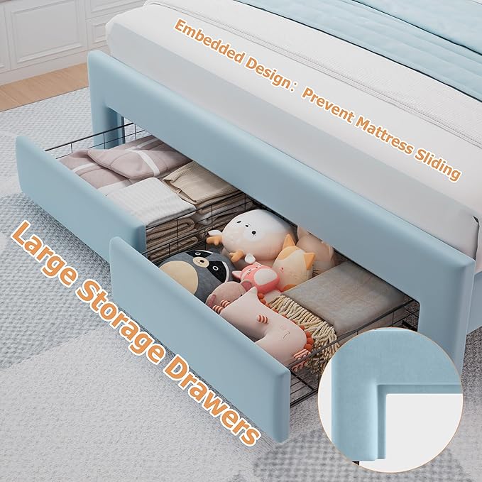 Velvet Upholstered Full LED Bed Frame with 2 Storage Drawers and Adjustable Chic Double Wavy Headboard, Princess Platform Bed with Charing Station, Solid Wood Slats Support,No Box Spring Needed,Blue
